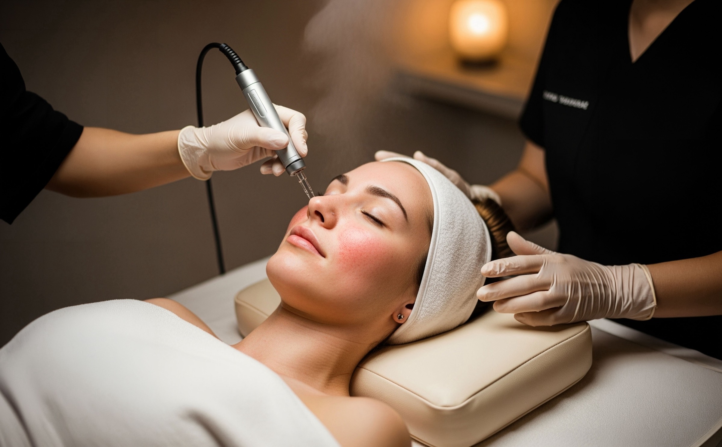 A med spa provider treats a relaxed patient&rsquo;s face with a handheld skin device